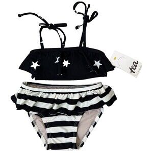 NWT's Tea Collection 2T Ruffle Bikini Swimsuit Black/Cream Stars and Stripes